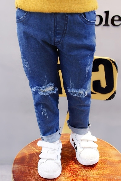 Стилни детски дънки за момичета - накъсани, с ластична талия