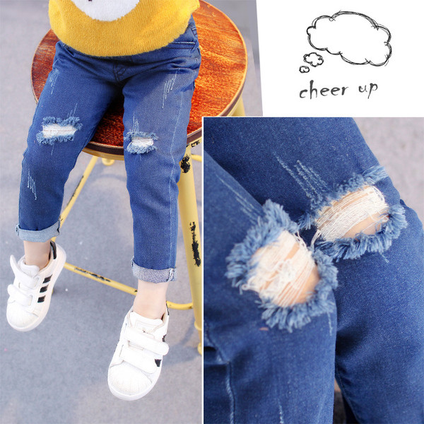 Стилни детски дънки за момичета - накъсани, с ластична талия