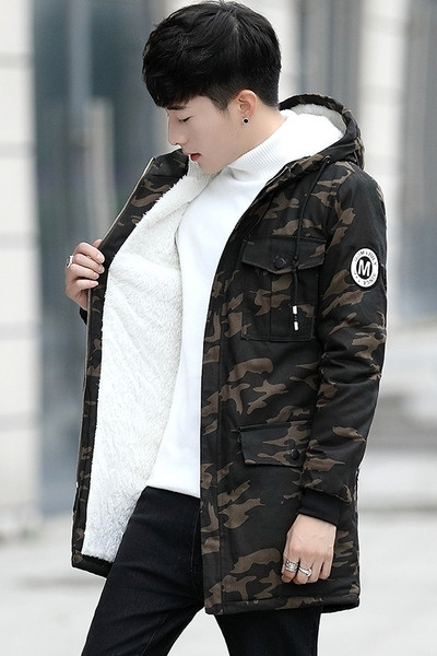 Мъжко ежедневно зимно яке с топла вълнена подплата в камуфлажни шарки + качулка