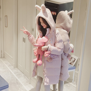Γυναικείο χειμωνιάτικο σακάκι για γυναίκες με πολύ ενδιαφέρουσα κουκούλα κουνελιών με ροζ μωρό