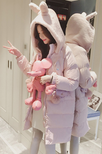 Γυναικείο χειμωνιάτικο σακάκι για γυναίκες με πολύ ενδιαφέρουσα κουκούλα κουνελιών με ροζ μωρό