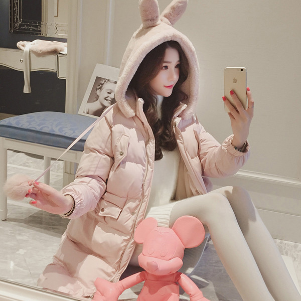 Γυναικείο χειμωνιάτικο σακάκι για γυναίκες με πολύ ενδιαφέρουσα κουκούλα κουνελιών με ροζ μωρό