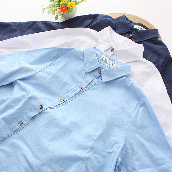 Дълга дамска памучна риза с асиметрична кройка,3 цвята