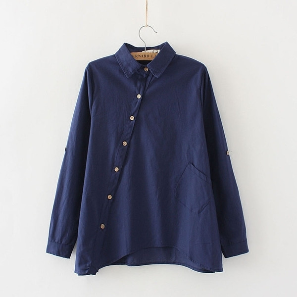 Дълга дамска памучна риза с асиметрична кройка,3 цвята