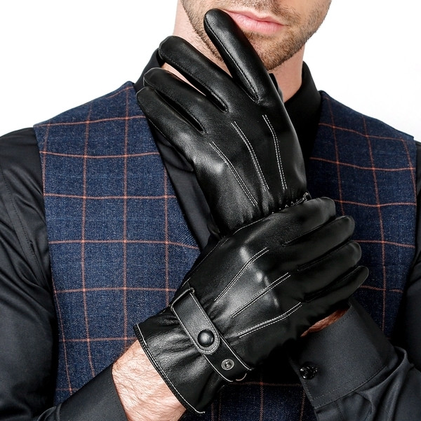Αντρικά χειμωνιάτικα γάντια από συνθετικό δέρμα σε μαύρο χρώμα