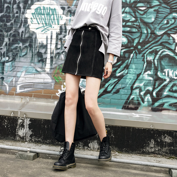 Κομψή φούστα κυρίες με ψηλή μέση και μπροστινό φερμουάρ, σε δύο χρώματα