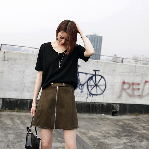 Κομψή φούστα κυρίες με ψηλή μέση και μπροστινό φερμουάρ, σε δύο χρώματα