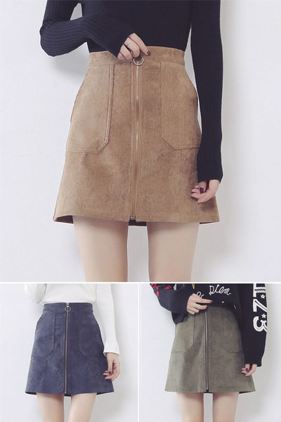 Σύγχρονη φούστα κυρίες με μπροστινό φερμουάρ και τσέπες σε τρία χρώματα