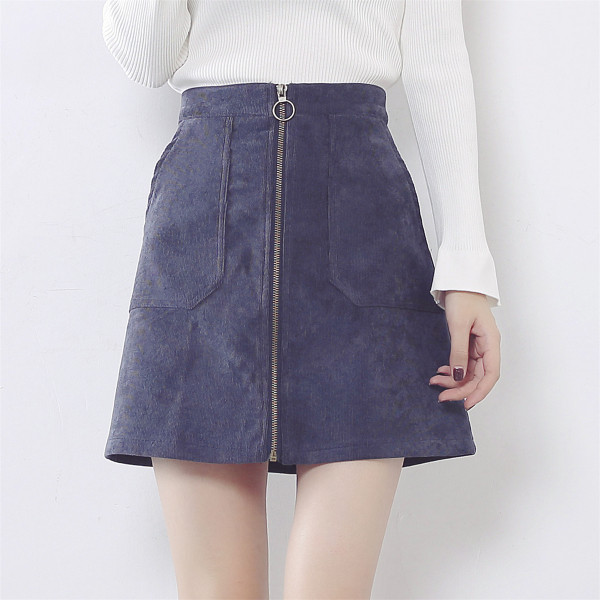 Σύγχρονη φούστα κυρίες με μπροστινό φερμουάρ και τσέπες σε τρία χρώματα