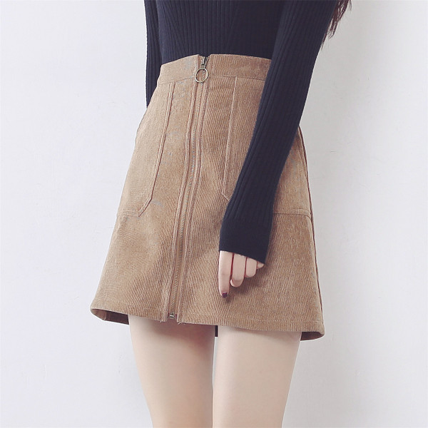 Σύγχρονη φούστα κυρίες με μπροστινό φερμουάρ και τσέπες σε τρία χρώματα