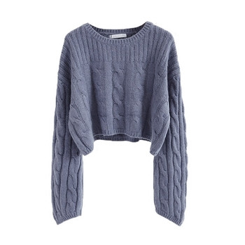 Скъсен дамски плетен пуловер в четири цвята с О-образно деколте
