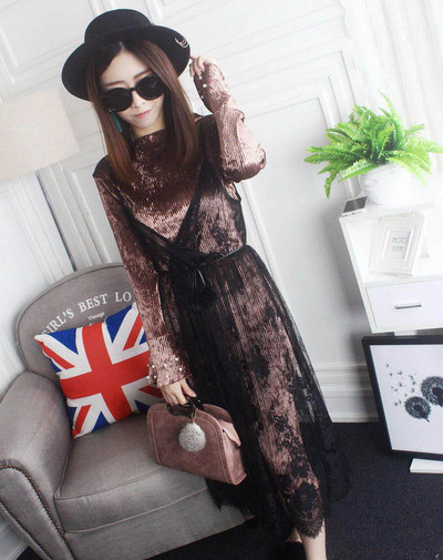 Γυναικείο μακρύ φόρεμα με δαντέλα, τρία χρώματα και μαργαριτάρια στα μανίκια