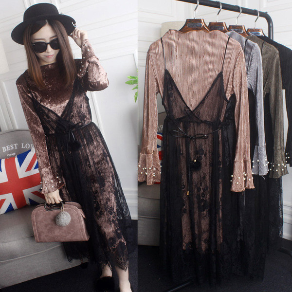 Γυναικείο μακρύ φόρεμα με δαντέλα, τρία χρώματα και μαργαριτάρια στα μανίκια