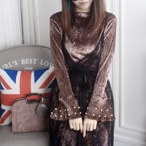 Γυναικείο μακρύ φόρεμα με δαντέλα, τρία χρώματα και μαργαριτάρια στα μανίκια