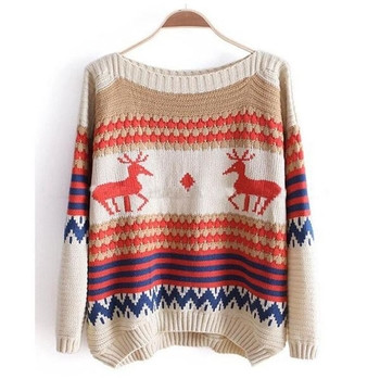 Ежедневен зимен дамски пуловер с О-образна яка и Коледни мотиви