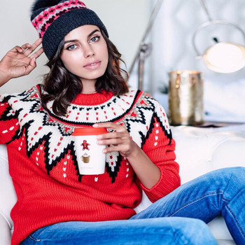 Καθημερινό γυναικείο πουλόβερ για το χειμώνα με κολάρο σε σχήμα O και χριστουγεννιάτικα μοτίβα