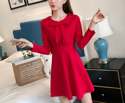 Κομψήό γυναικείο φόρεμα με μακριά μανίκια, κολάρο και κορδέλα σε σχήμα O - 2 χρώματα