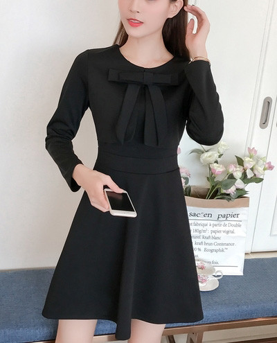 Κομψήό γυναικείο φόρεμα  με μακριά μανίκια, κολάρο και κορδέλα σε σχήμα O - 2 χρώματα