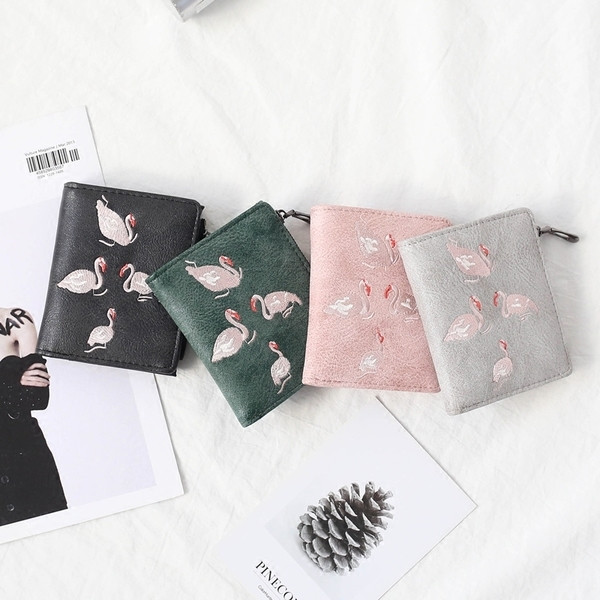 Мини дамски портфейл с декорация фламинго