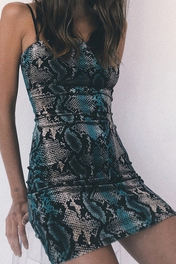 Σύντομο σέξι γυναικείο φόρεμα σε φίδι εκτύπωση, Slim στενή γραμμή 