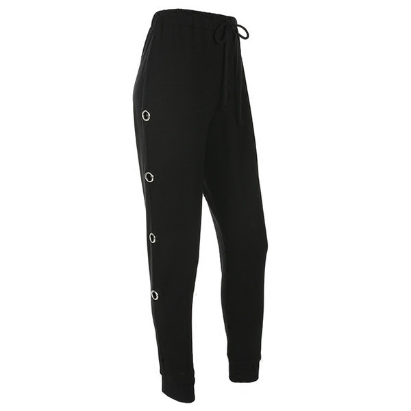 Спортен дамски панталон със странични метални халки, в черен цвят