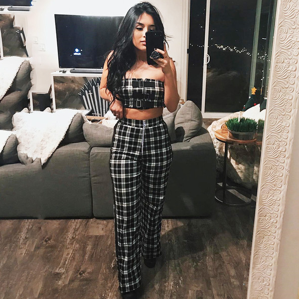 Спортно-елегантен дамски панталон на каре с преден цип, тип Чарлстон