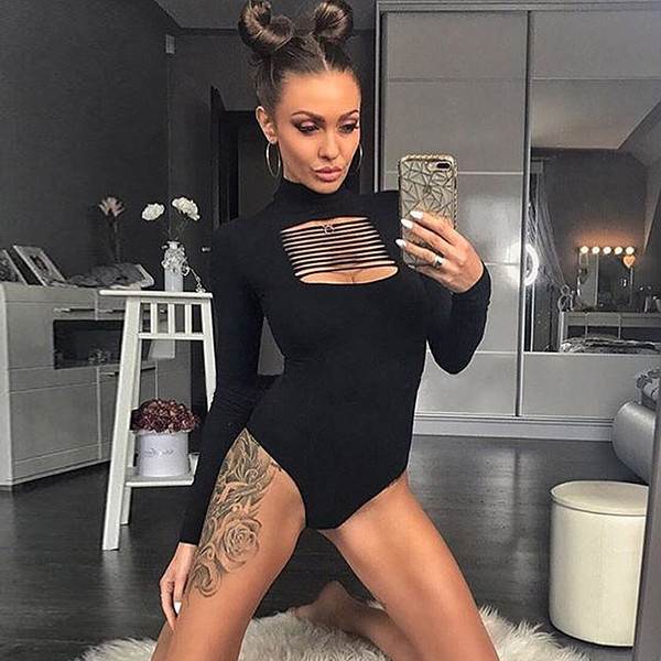 Стилно дамско боди с поло яка и дълъг ръкав в черен цвят