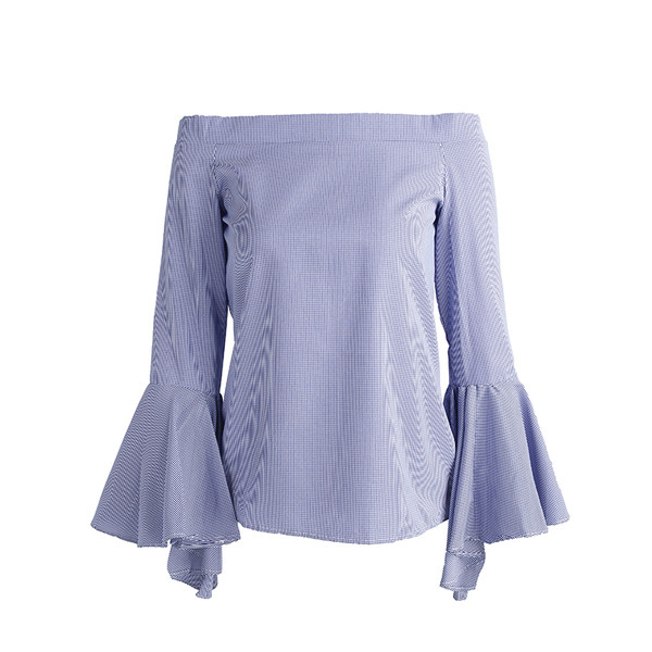 Стилна дамска блуза с разкроени ръкави и голи рамене в син цвят