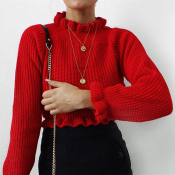 Κομψό σύντομο γυναικείο πουλόβερ με κολάρο σε δύο χρώματα