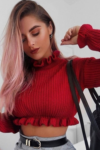 Стилен скъсен дамски пуловер с поло яка в два цвята