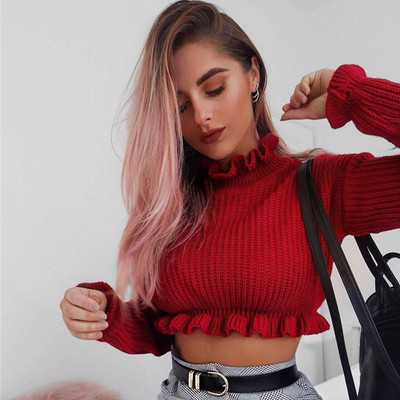 Стилен скъсен дамски пуловер с поло яка в два цвята