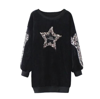 Дълъг плюшен дамски пуловер с декорация и надпис