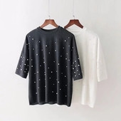 Ежедневна вълнена дамска блуза с 3/4 ръкав и мъниста в два цвята