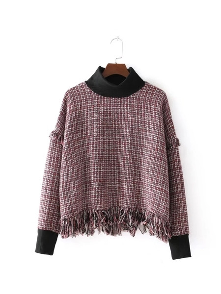 Ежедневен есенно-зимен дамски пуловер с ресни и поло яка