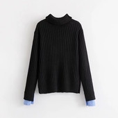 Зимен дамски пуловер с поло яка в черен цвят