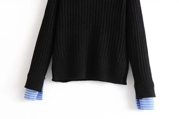 Зимен дамски пуловер с поло яка в черен цвят