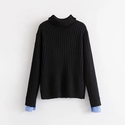 Зимен дамски пуловер с поло яка в черен цвят