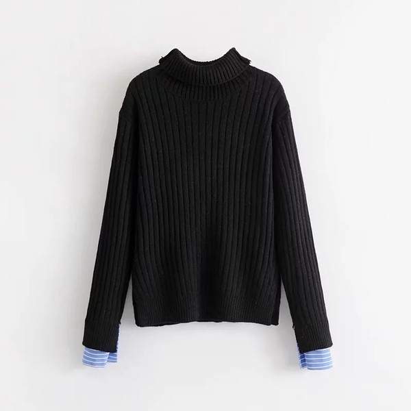 Зимен дамски пуловер с поло яка в черен цвят