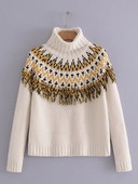 Ежедневен зимен дамски пуловер с поло яка и цветни мотиви