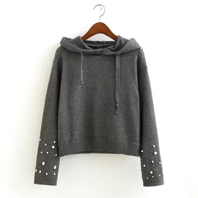 Дамски семпъл пуловер с качулка и декорация мъниста