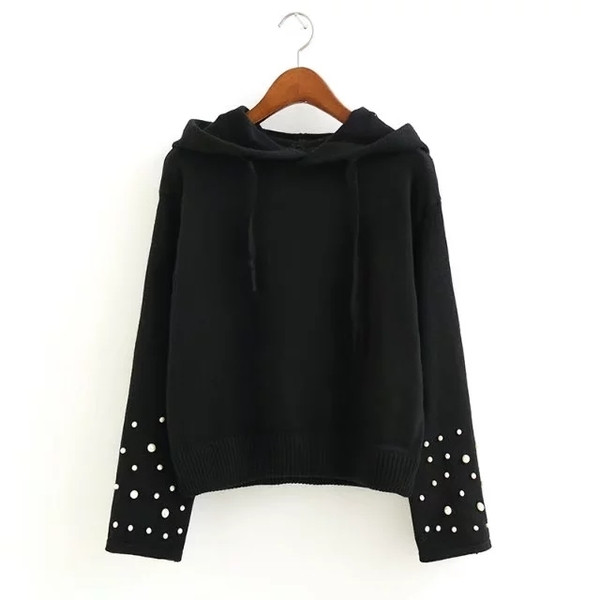 Дамски семпъл пуловер с качулка и декорация мъниста