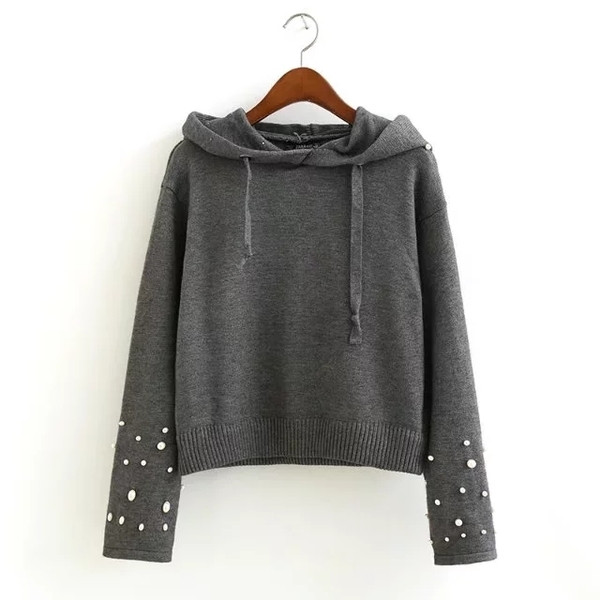 Дамски семпъл пуловер с качулка и декорация мъниста