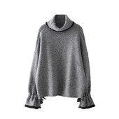 Плетен дамски пуловер в сив цвят в свободен стил с поло яка