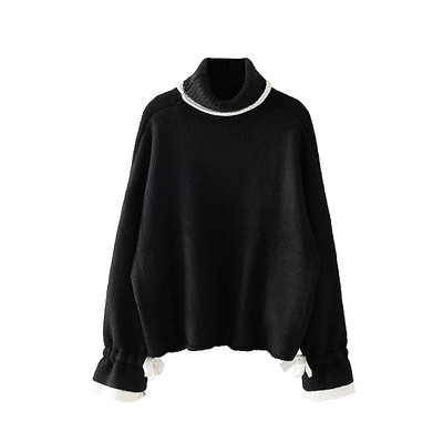 Плетен дамски пуловер в сив цвят в свободен стил с поло яка