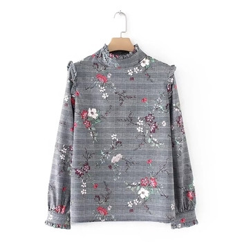 Γυναικεία μπλούζα με κολάρο και floral μοτίβα