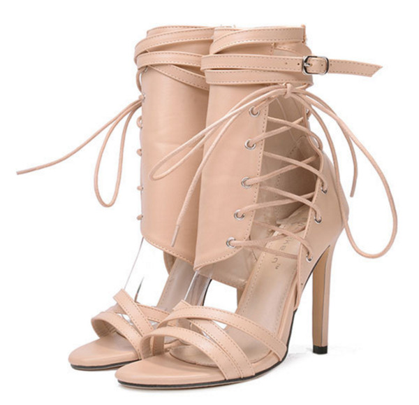 Модерни дамски сандали на висок ток с вързки от еко кожа, в два цвята