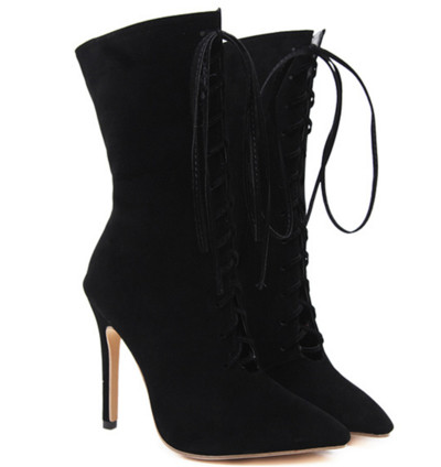 Елегантни дамски обувки с висок ток - остри, с подплата и връзки