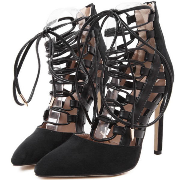 Елегантни дамски обувки с висок ток - остри и с връзки