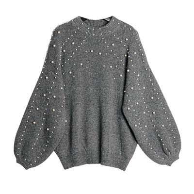 Дамски широк пуловер с декорация мъниста