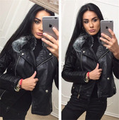 Топло дамско яке от еко кожа с пух